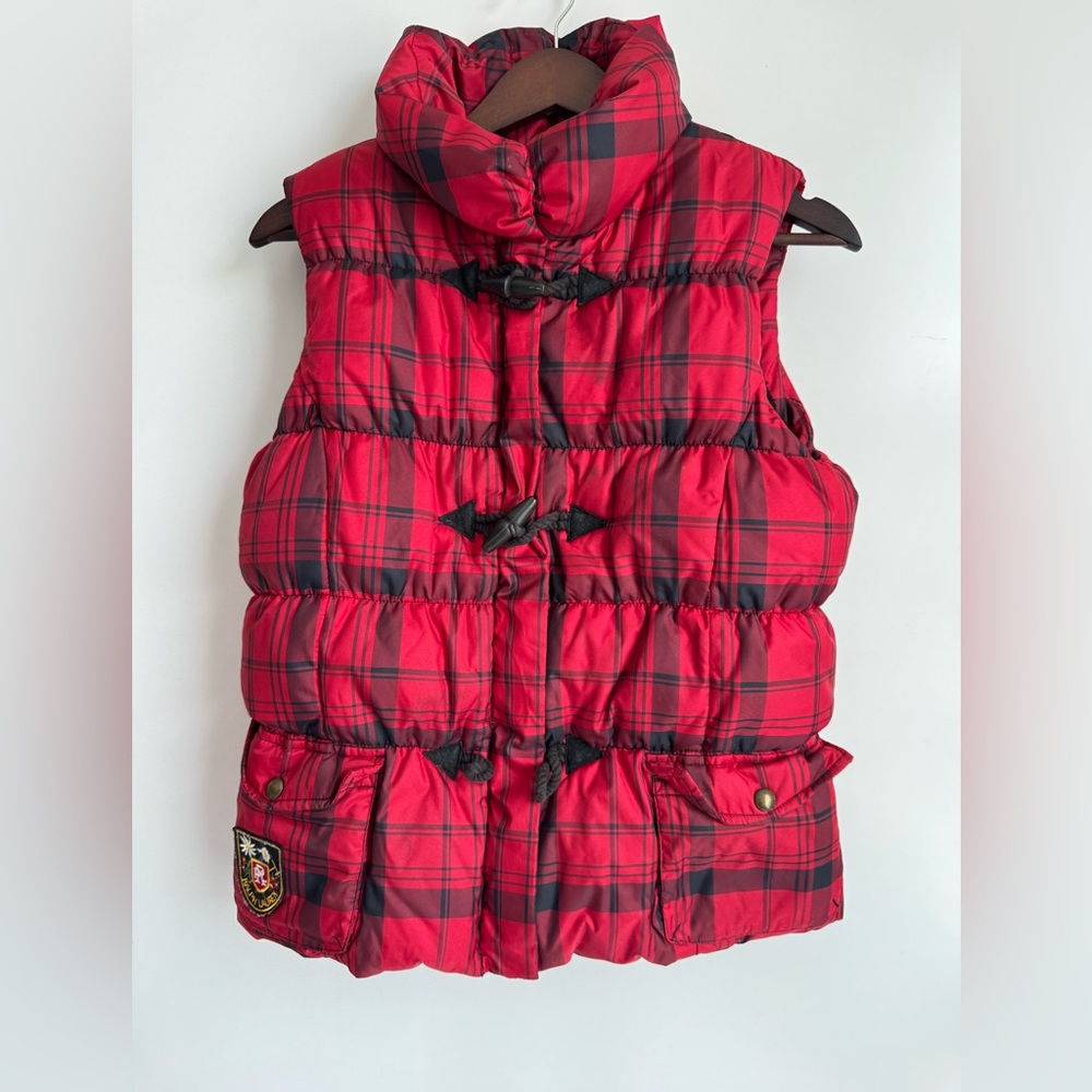 Ralph Lauren Red Black Plaid Puffer Vest Kids XL Crest Patch Waterfowl‎ Down